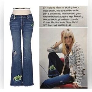 Louie Anthropologie Embroidered Beaded Distressed Boho Bootcut Mid Rise Jeans 29